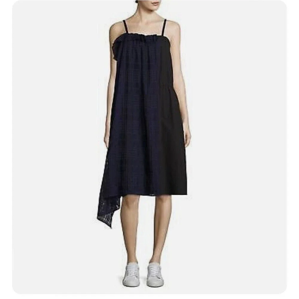 NEW PUBLIC SCHOOL Blue Black Plaid Flannel Mixed Silk Cotton Ema Midi Dress XS - Picture 2 of 10